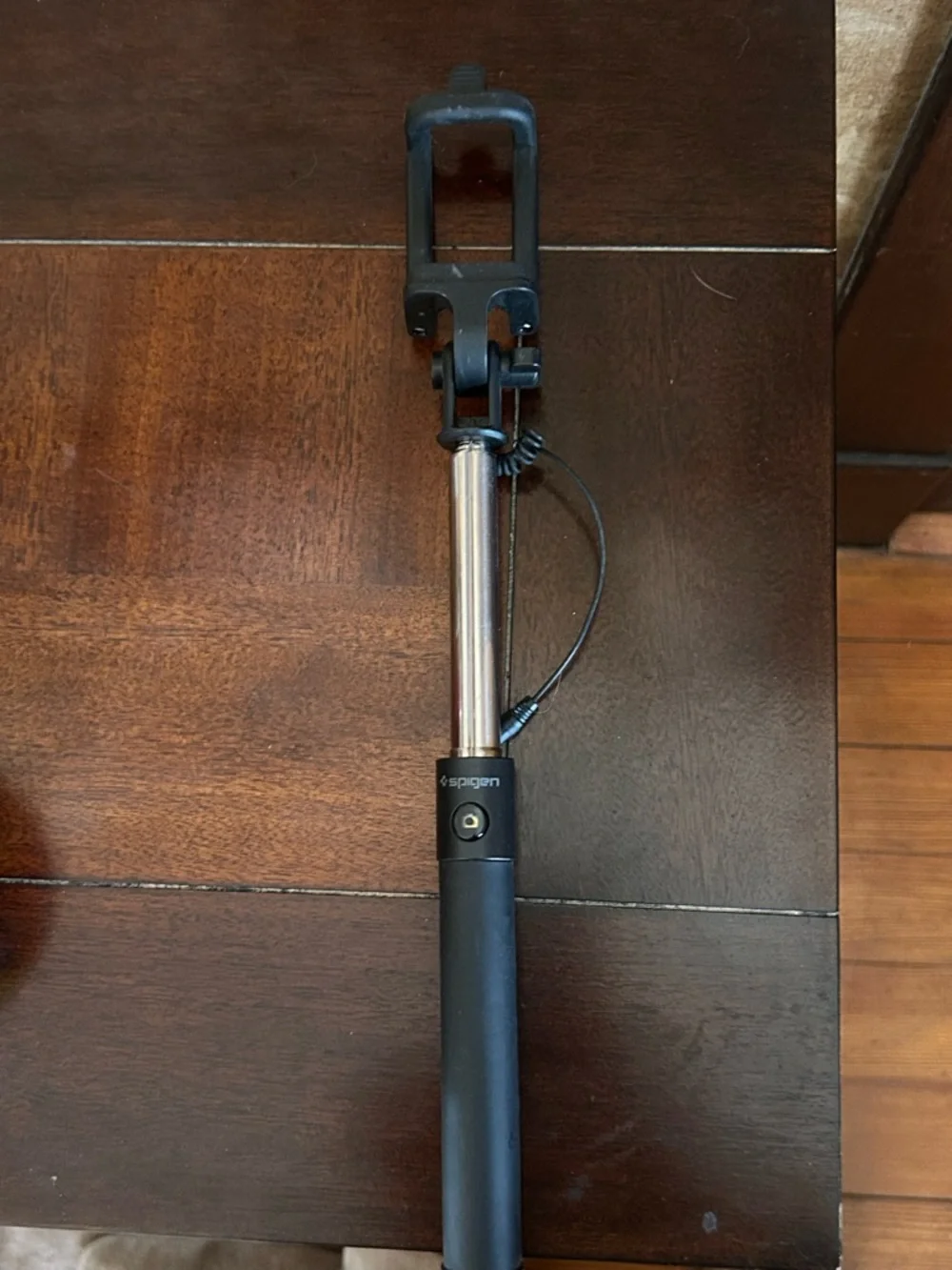 Spigen Black and Silver Selfie Stick Monopod with Wired Shutter